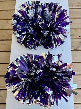 Cheerleading Pom Poms Pair Purple & Silver Metallic Tinsel with Baton Handles